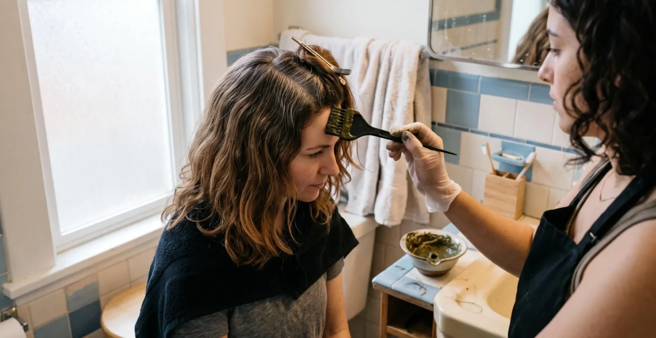 Une coloriste applique une pâte de coloration végétale au pinceau sur les cheveux d'une femme présentant une repousse naturelle et des longueurs encore colorées chimiquement, dans une salle de bain lumineuse.