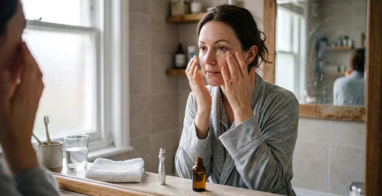 Une femme applique un gel contour des yeux sous son œil devant le miroir de sa salle de bain le matin.