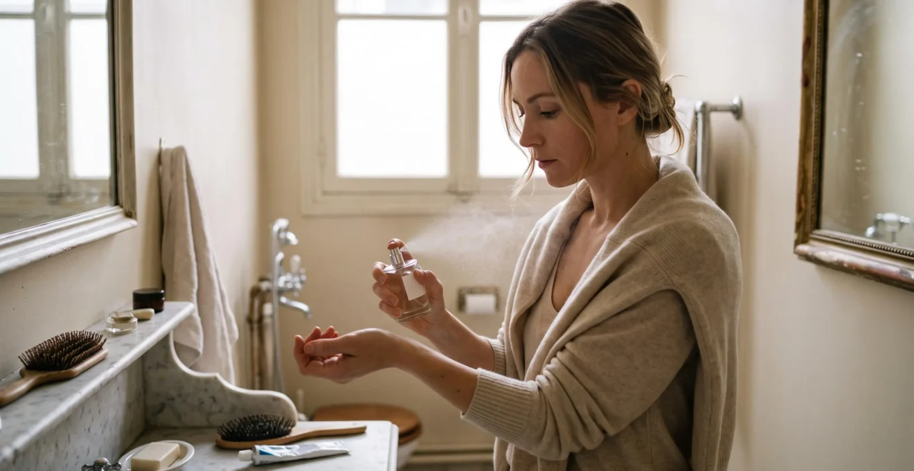 Une femme applique une seule dose de parfum sur son poignet devant une fenêtre lumineuse dans une salle de bain du matin.