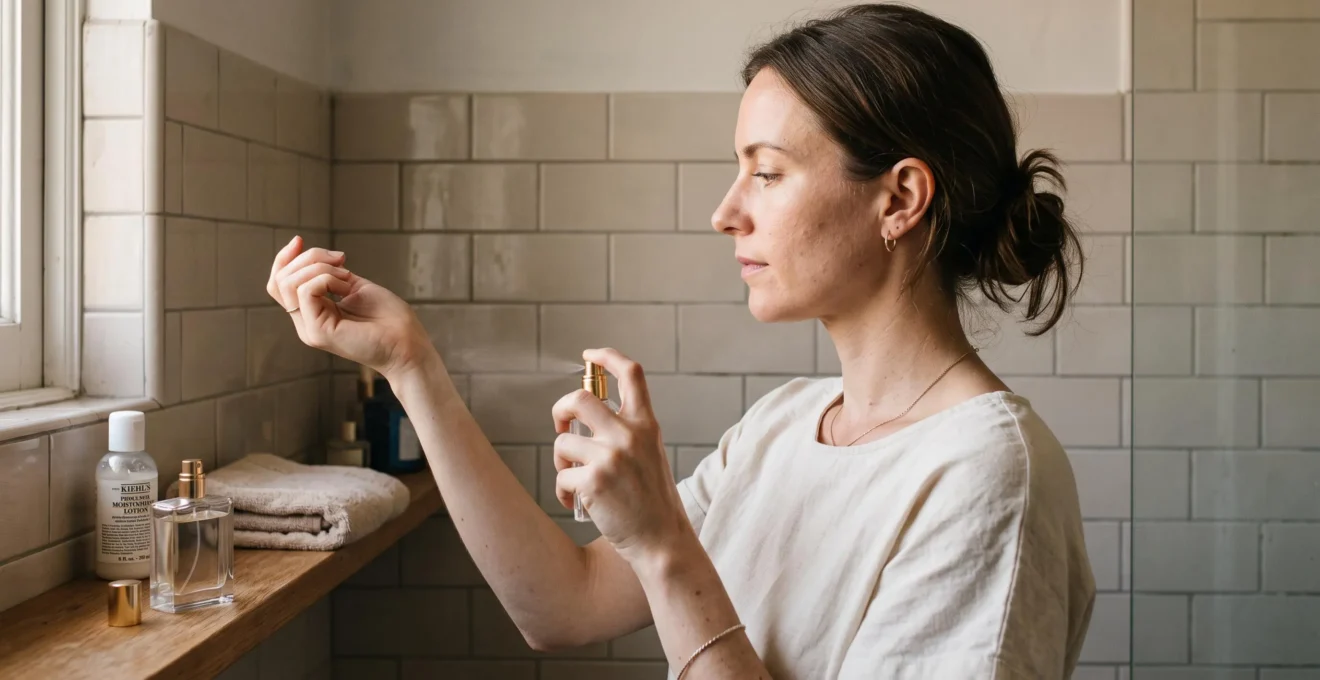 Une femme vaporise son eau de parfum sur l'intérieur du poignet dans une salle de bain éclairée par la lumière naturelle du matin.