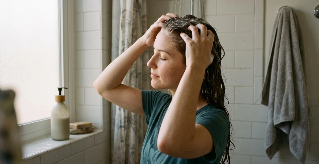Une femme masse son cuir chevelu avec du shampooing moussant uniquement aux racines, ses longueurs mouillées restant libres de produit, dans une salle de bain lumineuse.