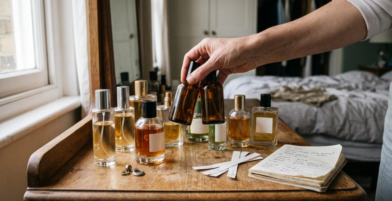 Une main compare deux flacons de parfum identiques posés parmi huit autres bouteilles sur une coiffeuse en bois, avec des mouillettes odorantes et un carnet à proximité.