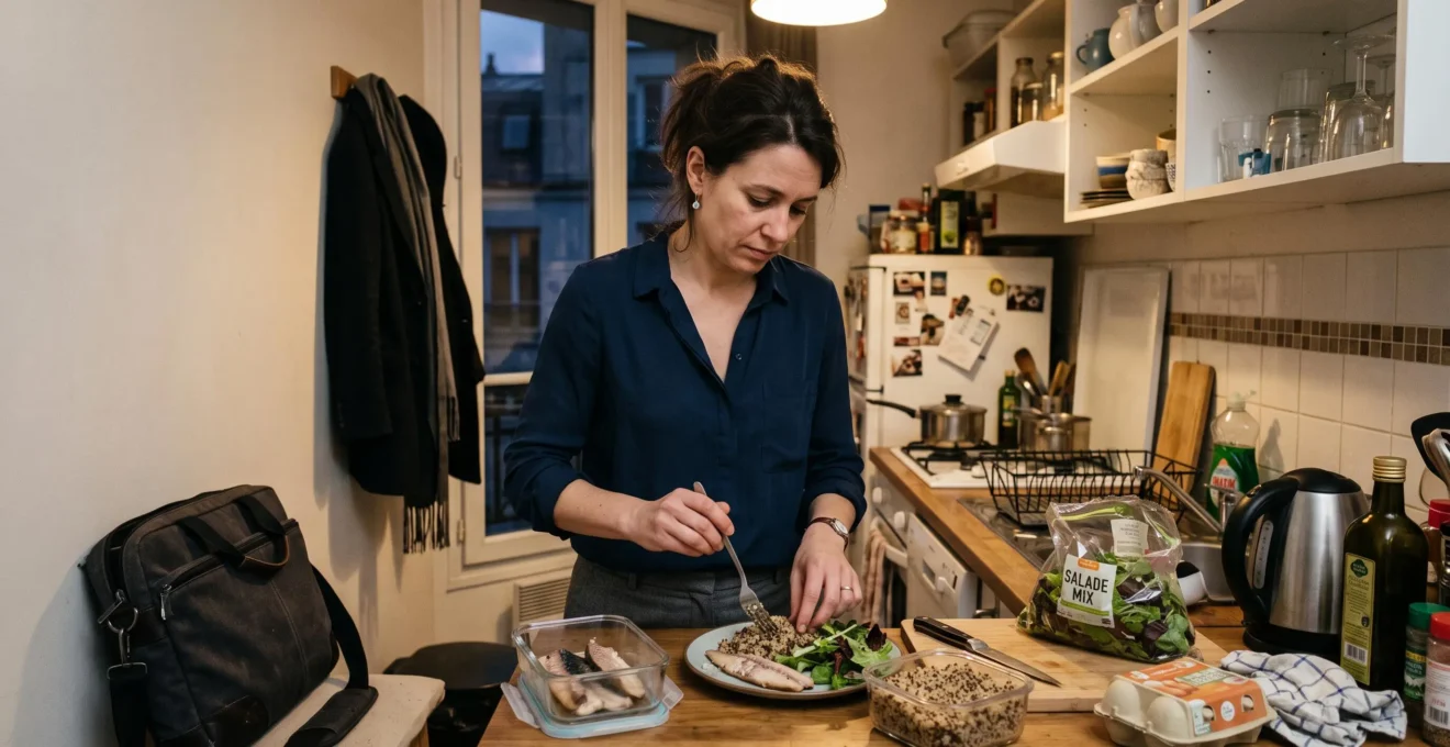 Une femme assemble rapidement un dîner sain à base de poisson fumé, de céréales et de salade dans sa cuisine en soirée.