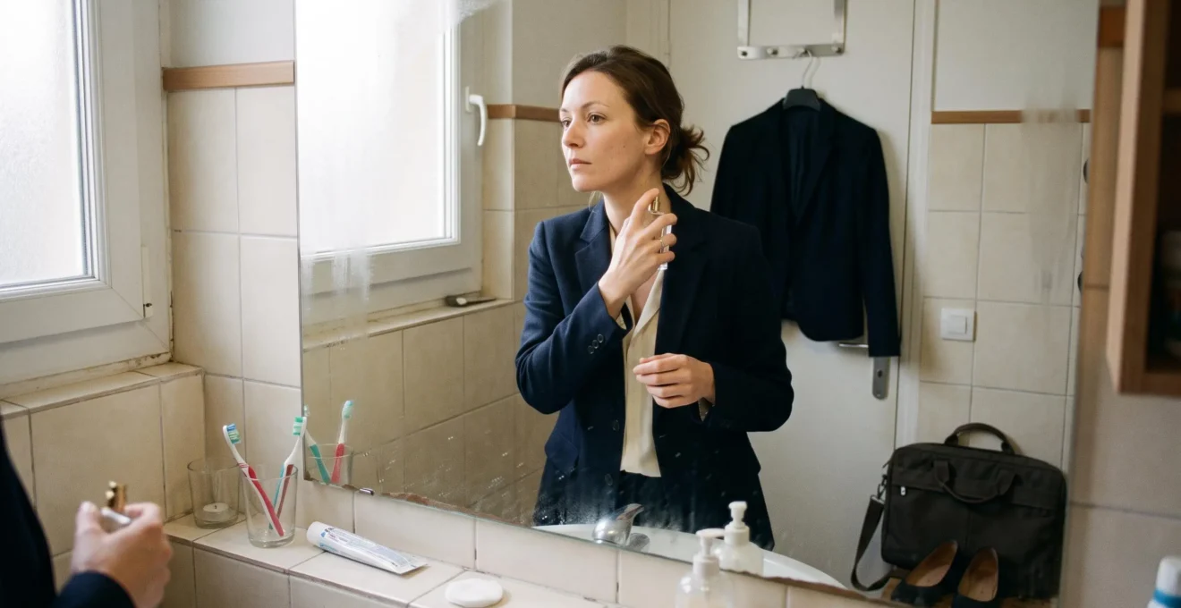 Une femme vaporise son parfum devant le miroir de sa salle de bain avant de partir au travail.