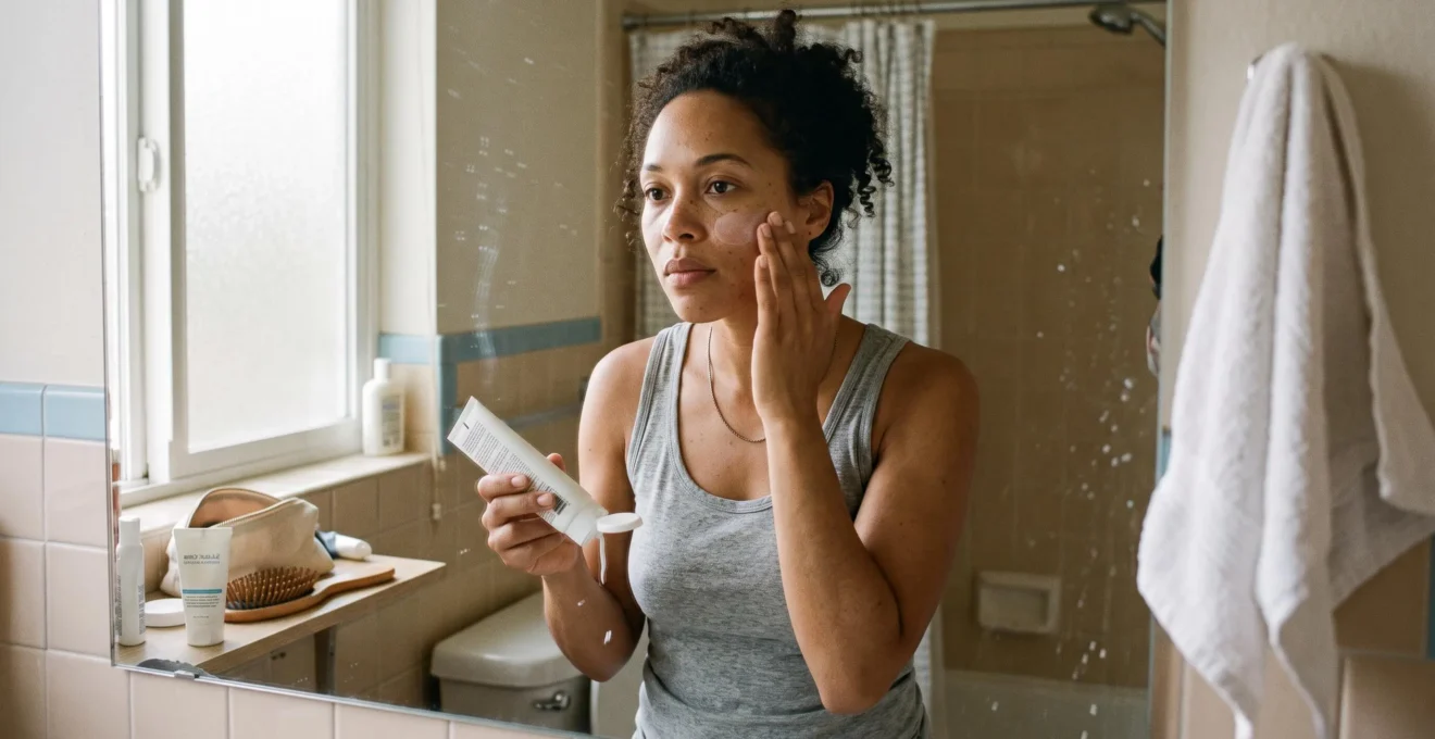 Une femme applique une dose de crème solaire sur sa joue devant le miroir de sa salle de bain.