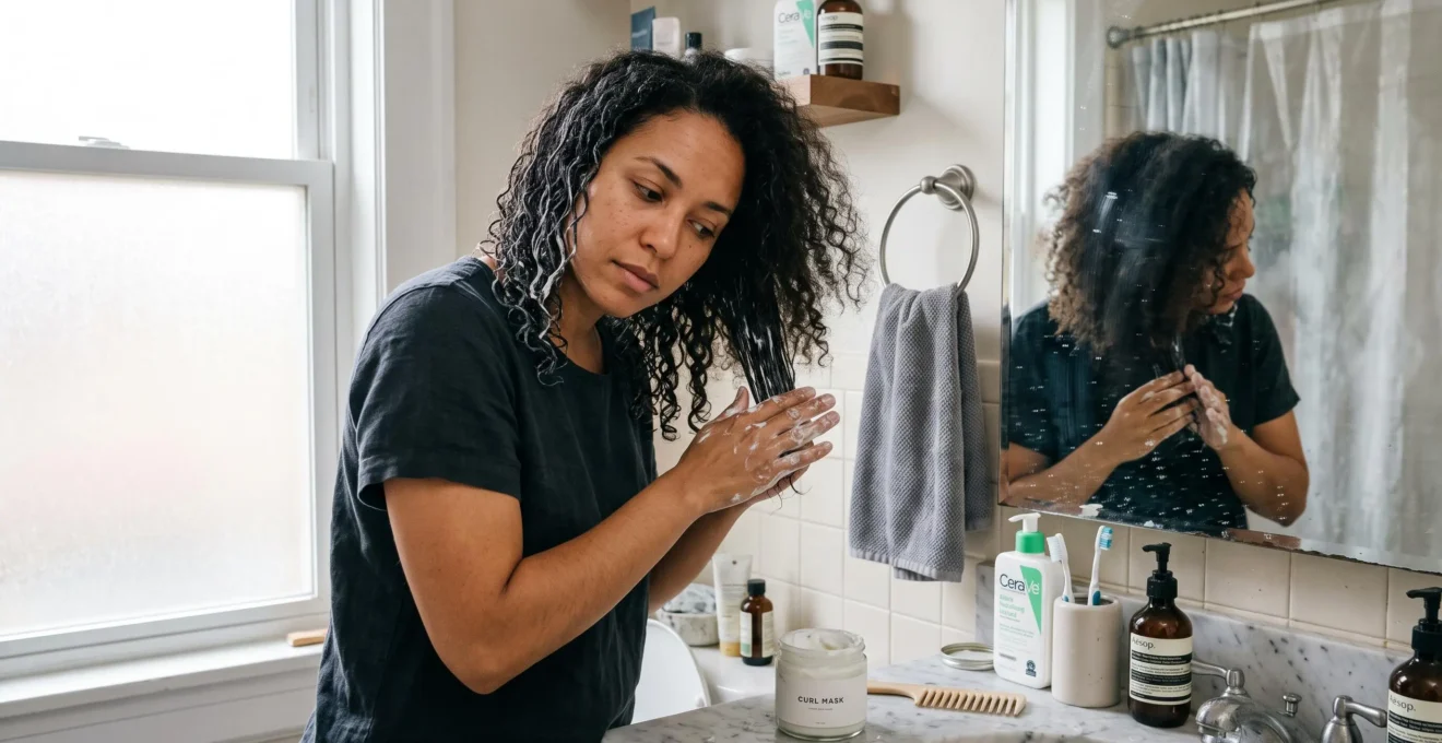 Une femme applique un masque capillaire mèche par mèche sur ses cheveux bouclés devant le miroir d'une salle de bain, une partie des boucles déjà définies et l'autre encore frisée