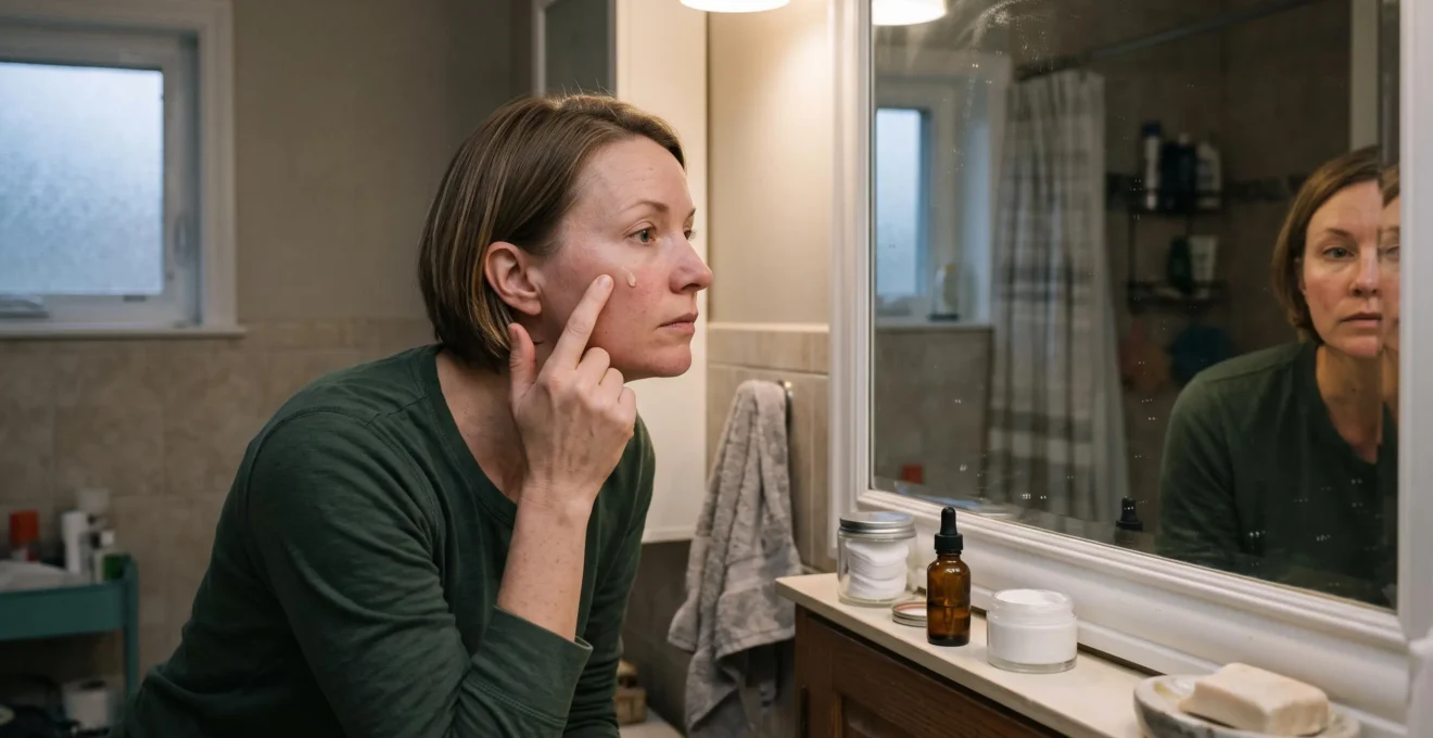 Une femme d'âge mûr applique une goutte de sérum anti-âge sur sa joue devant le miroir de sa salle de bains le soir.