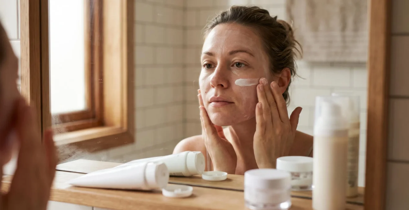 Une femme applique une crème solaire teintée sur sa joue devant le miroir de sa salle de bain, un tube ouvert posé à côté.