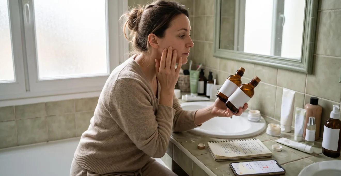 Une femme compare deux flacons de cosmétique végétal devant son miroir de salle de bain, un carnet de suivi posé sur le plan de travail.