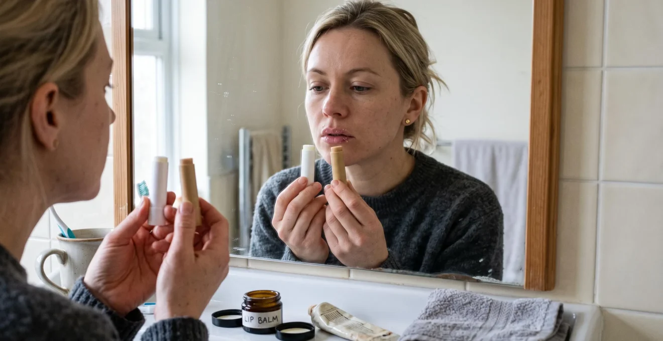 Une femme aux lèvres sèches compare deux baumes à lèvres devant un miroir de salle de bain en hiver.