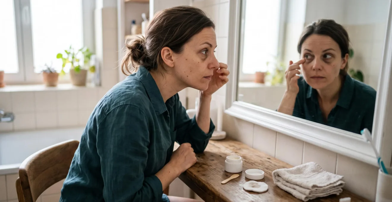 Une femme examine la peau sous son œil devant un miroir de salle de bain, un pot de crème contour des yeux ouvert posé sur le rebord