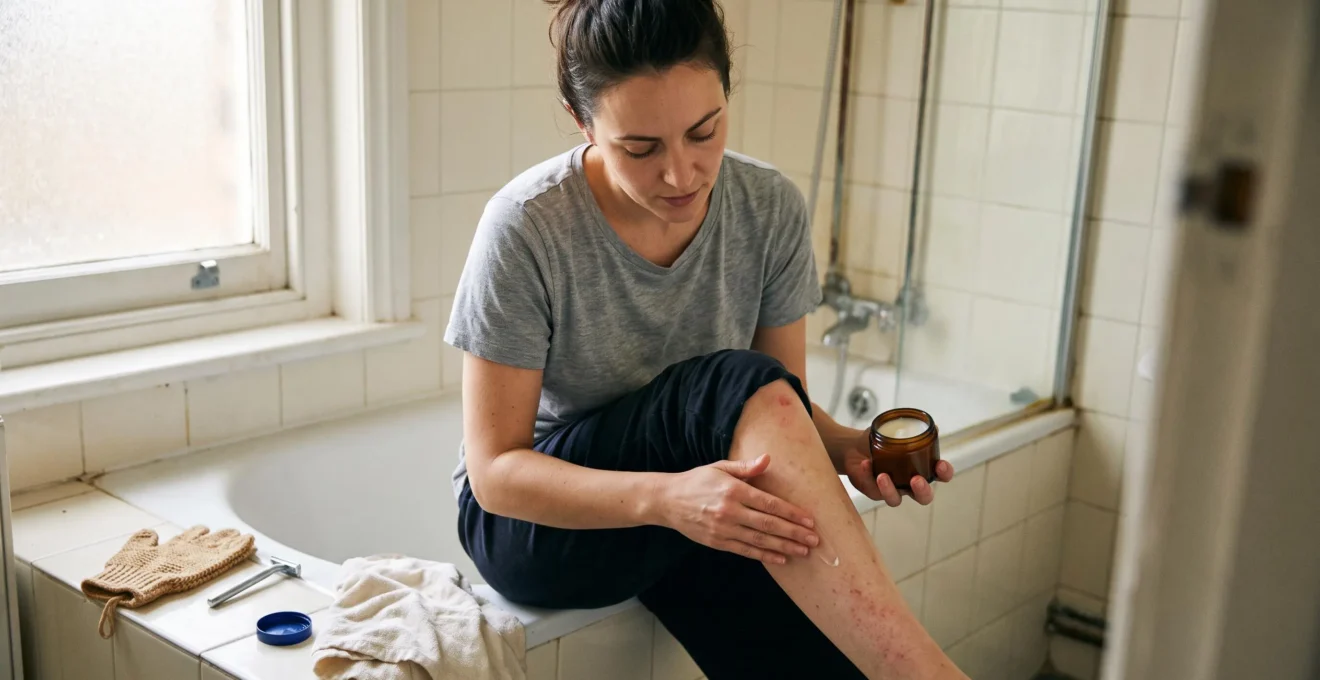 Une femme assise au bord d'une baignoire examine la peau de sa jambe, un gant exfoliant, un rasoir et un pot de baume posés sur le carrelage à côté d'elle.