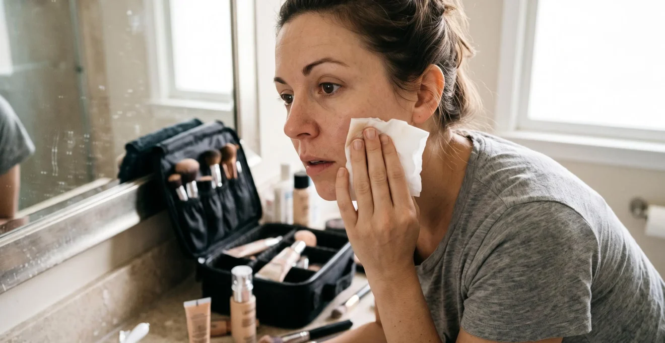 Une femme examine la séparation de son fond de teint dans un miroir de salle de bain tout en pressant un papier matifiant contre sa joue