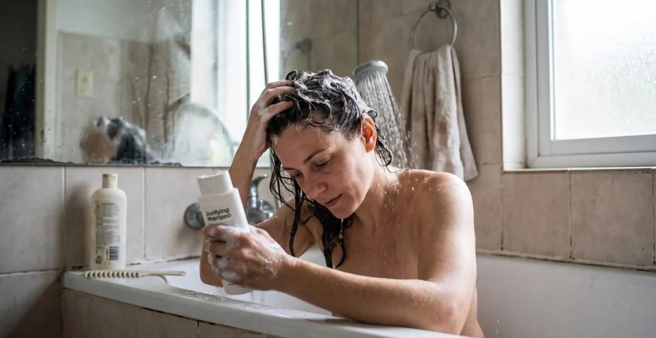 Une femme se shampouine au-dessus d'une baignoire, massant son cuir chevelu avec le bout des doigts, une bouteille de shampooing sans marque dans l'autre main, dans une salle de bains lumineuse.