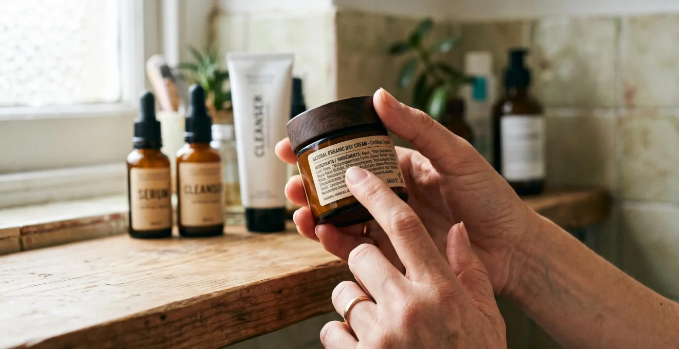 Une femme examine la liste des ingrédients au dos d'un pot de crème cosmétique dans une salle de bains.