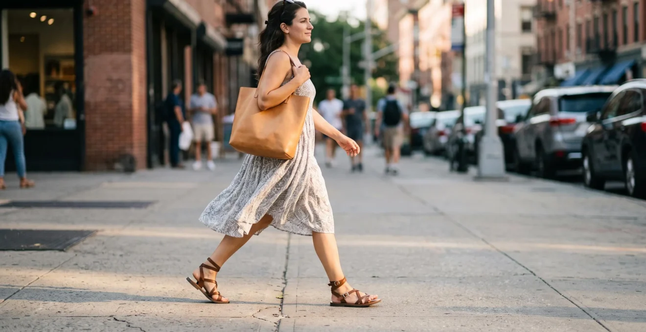 Une femme marche sur un trottoir ensoleillé avec des sandales en cuir à brides fines, en pleine foulée.