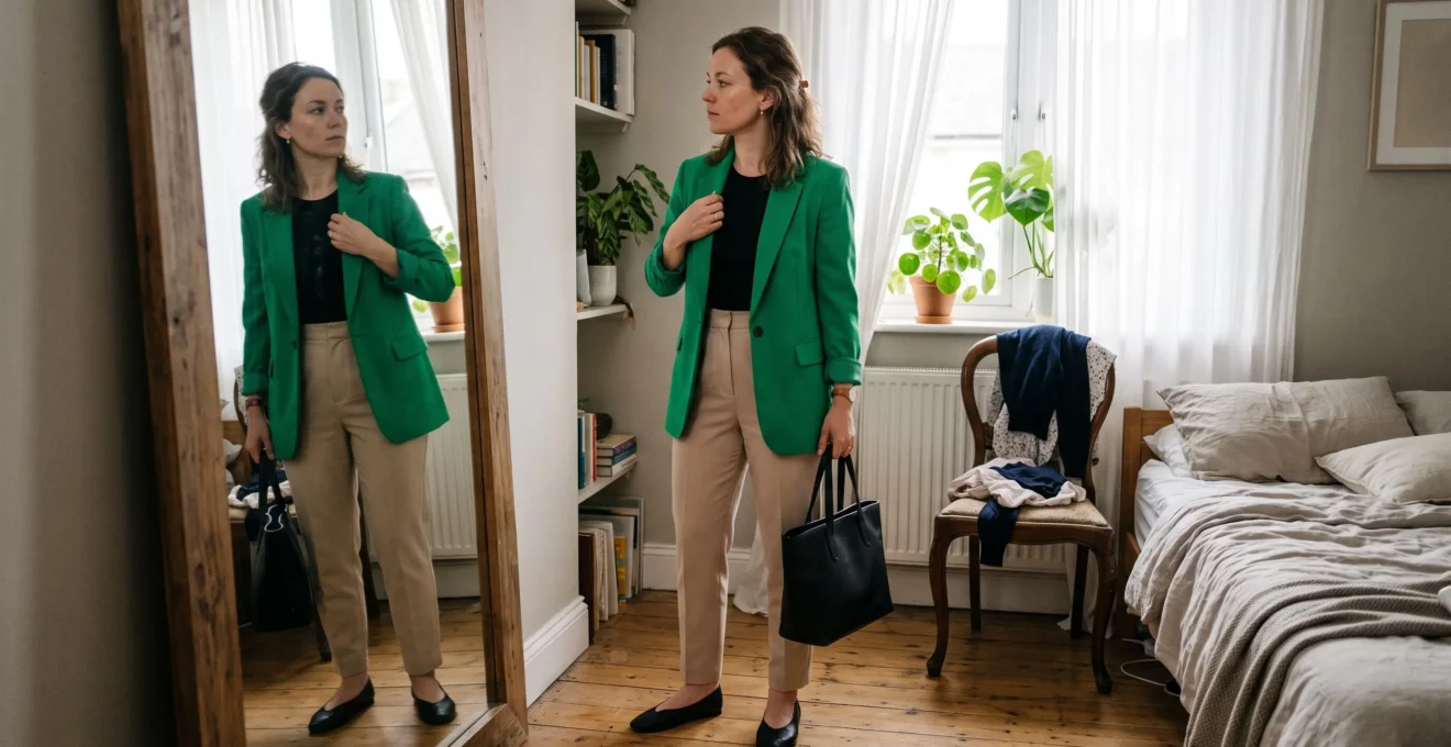 Une femme ajuste une veste vert vif devant un miroir chez elle, associée à un pantalon beige et des chaussures noires, avant de partir au travail.