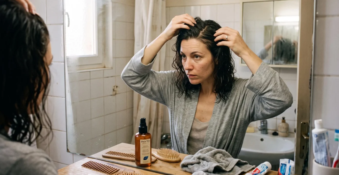 Une femme observe dans un miroir de salle de bain la direction naturelle de son implantation de cheveux au sommet du crâne, ses cheveux encore mouillés, une main relevant une mèche.
