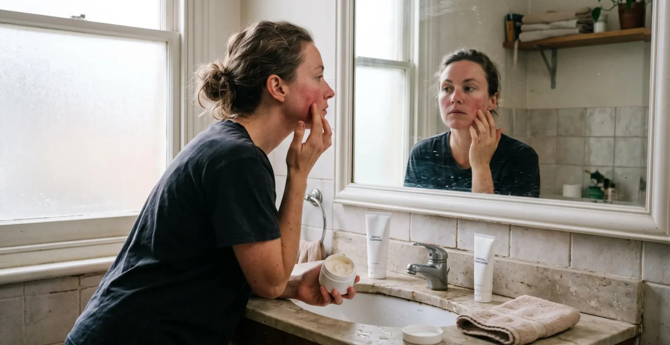 Une femme à la peau rougeoyante se touche la joue devant un miroir de salle de bain, trois soins minimalistes posés sur le plan de vasque.