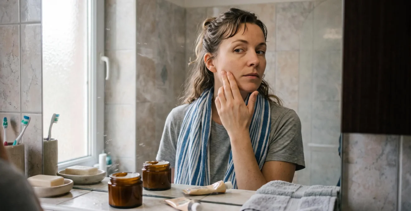Une femme observe sa peau en touchant sa joue devant le miroir de sa salle de bain, avec une crème hydratante posée sur le lavabo.