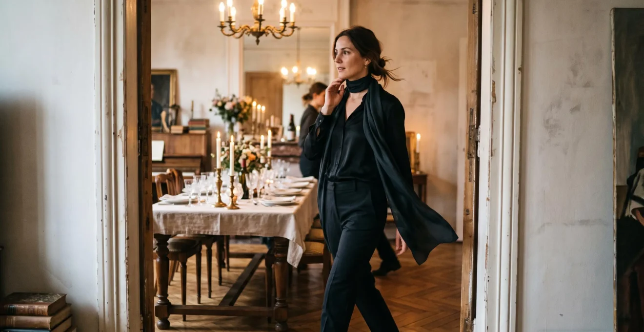 Une femme en tenue de soirée franchit la porte d'une salle à manger dressée, le poignet levé près de son col, avant l'arrivée des invités.