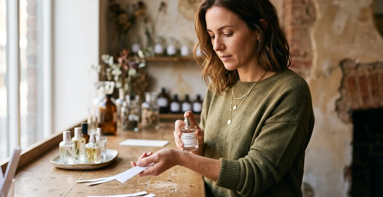 Une femme vaporise un parfum floral sur son poignet au comptoir d'une parfumerie et évalue le rendu sur sa peau.