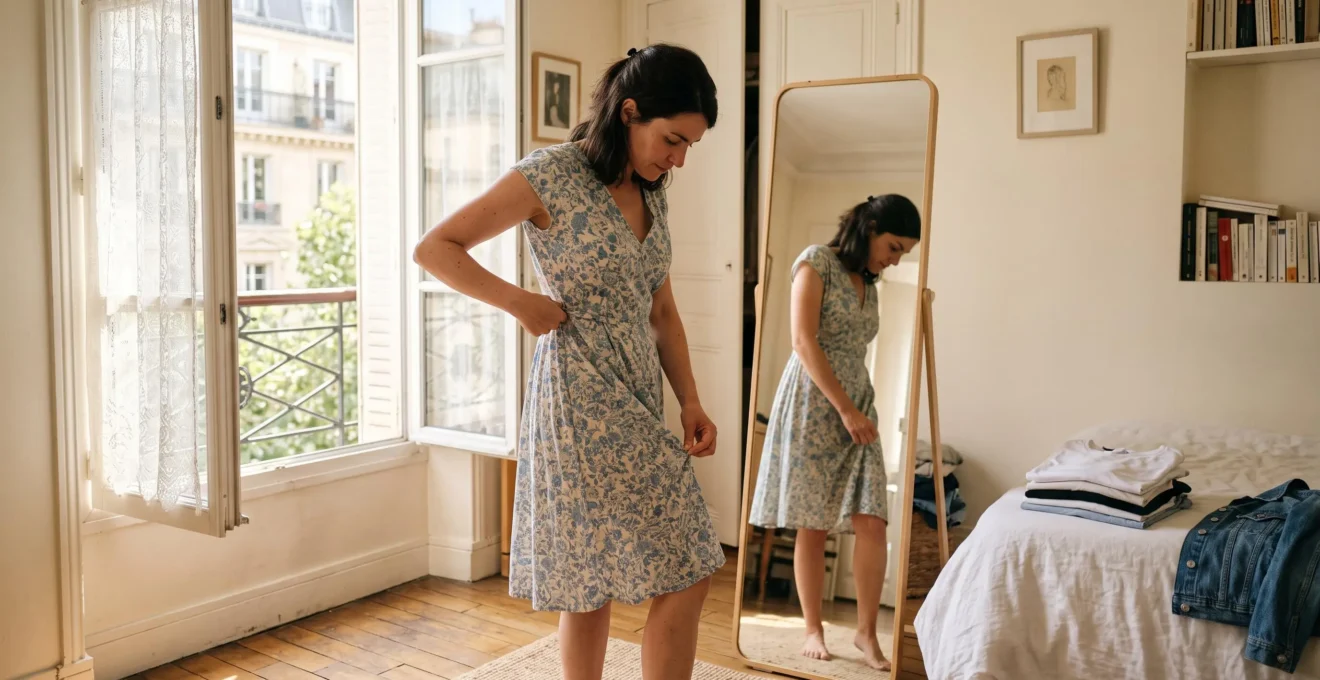 Une femme devant un miroir chez elle presse le tissu d'une robe d'été entre ses doigts pour vérifier s'il colle à la peau en journée chaude.