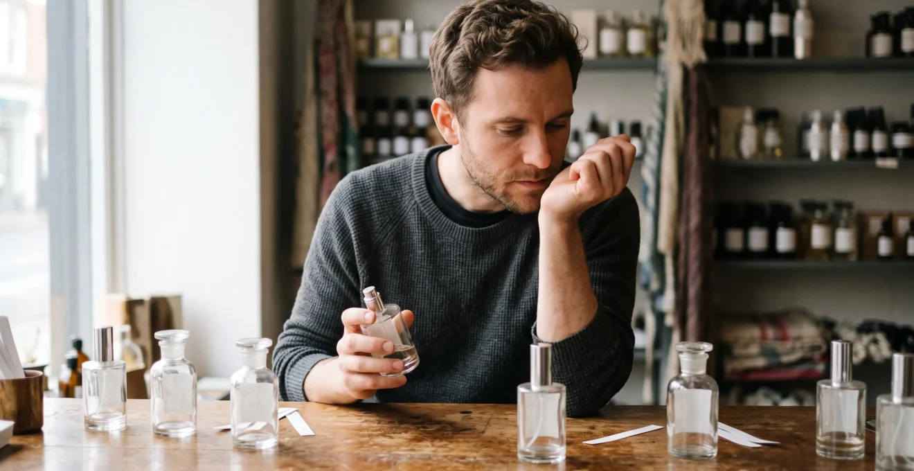 Un homme teste un parfum sur son poignet au comptoir d'une parfumerie, plusieurs flacons et mouillettes posés devant lui.