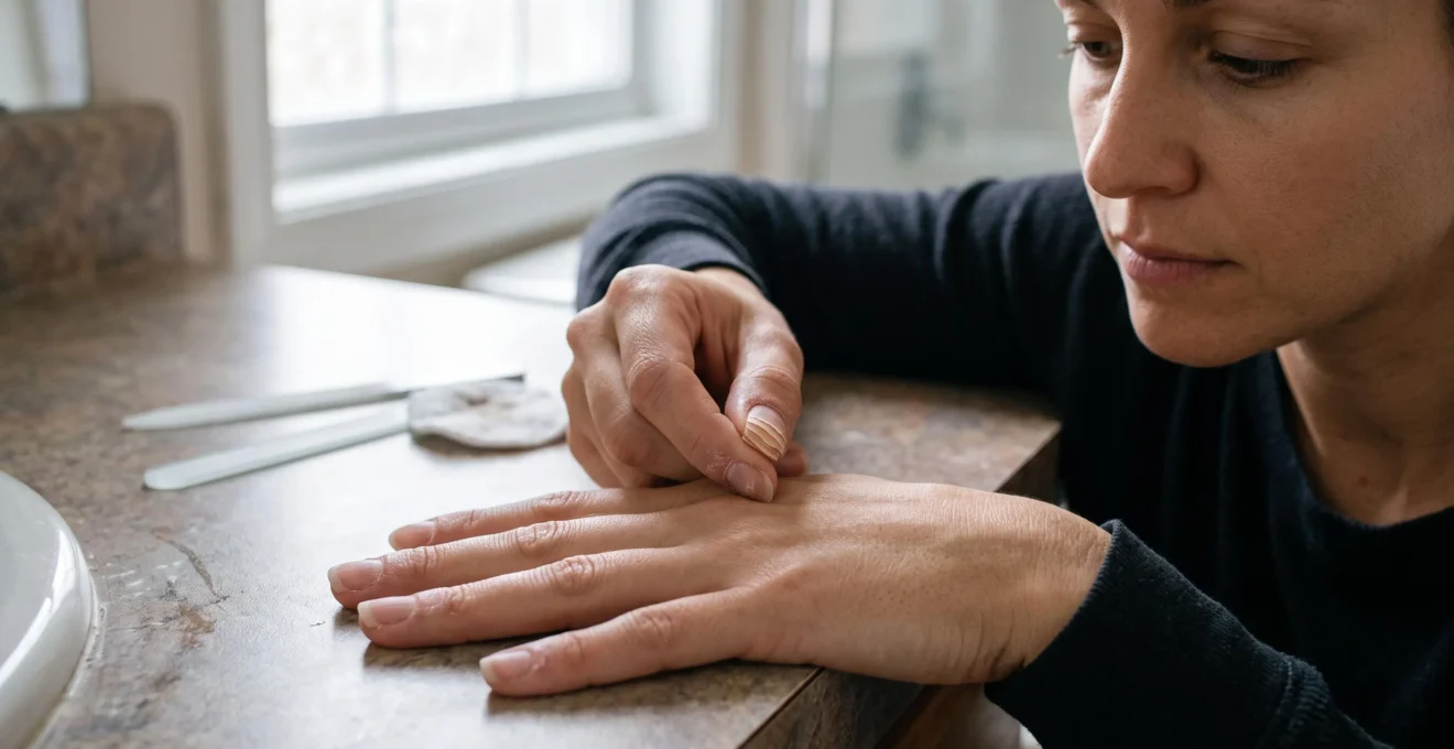 Une femme examine un ongle qui se dédouble en couches horizontales sur le bord libre, posé sur un plan de vasque de salle de bain.