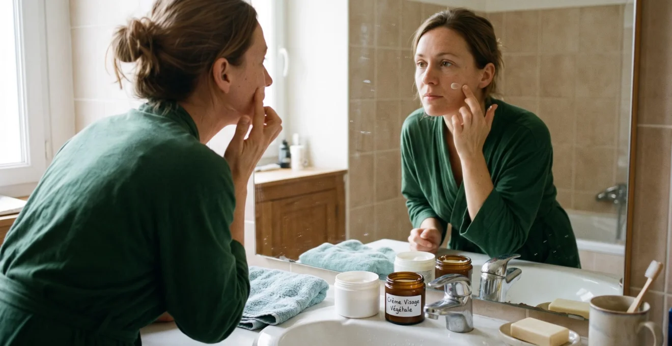 Une femme applique une crème hydratante végétale sur sa joue devant son miroir, avec son ancien soin posé près du lavabo.