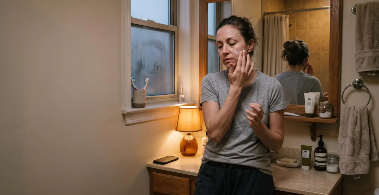 Une femme fatiguée applique lentement une crème sur sa joue devant le miroir de sa salle de bain en fin de journée, téléphone posé face contre table.