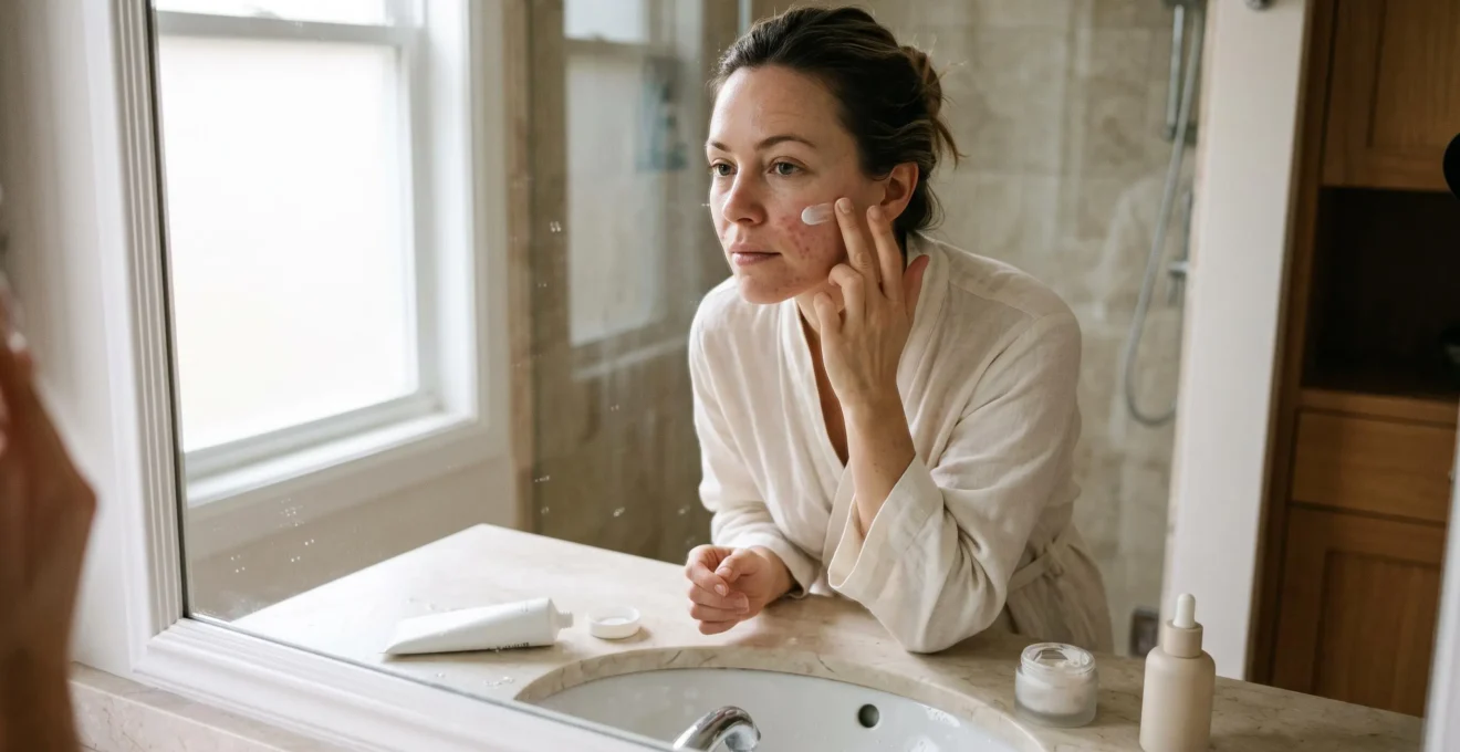 Une femme applique une crème hydratante du bout des doigts sur sa joue présentant des rougeurs, devant un lavabo où trois soins seulement sont disposés.