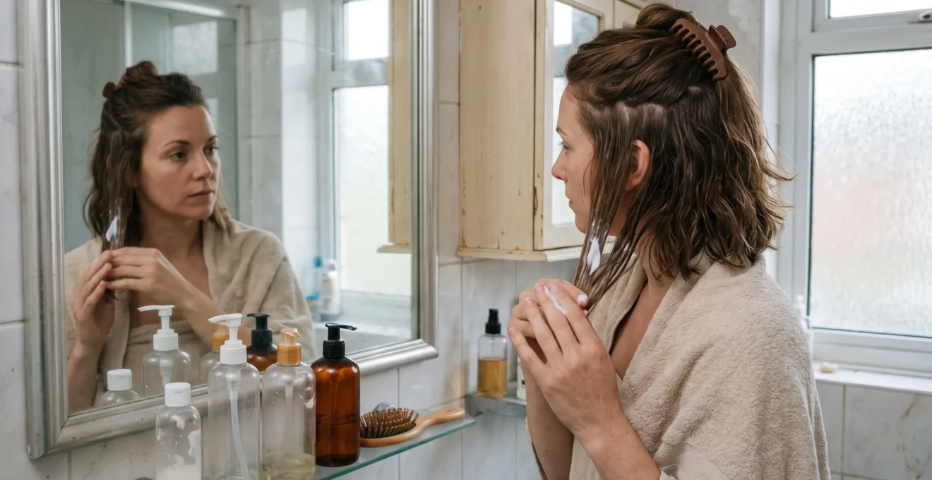 Une femme devant un miroir de salle de bain applique une crème capillaire sur ses longueurs relevées, en évitant soigneusement ses racines.