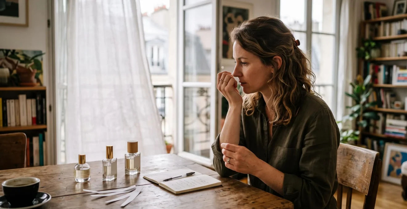 Une femme teste un parfum sur son poignet à une table de salon, avec des mouillettes, des flacons et un carnet de notes près d'une fenêtre ouverte.