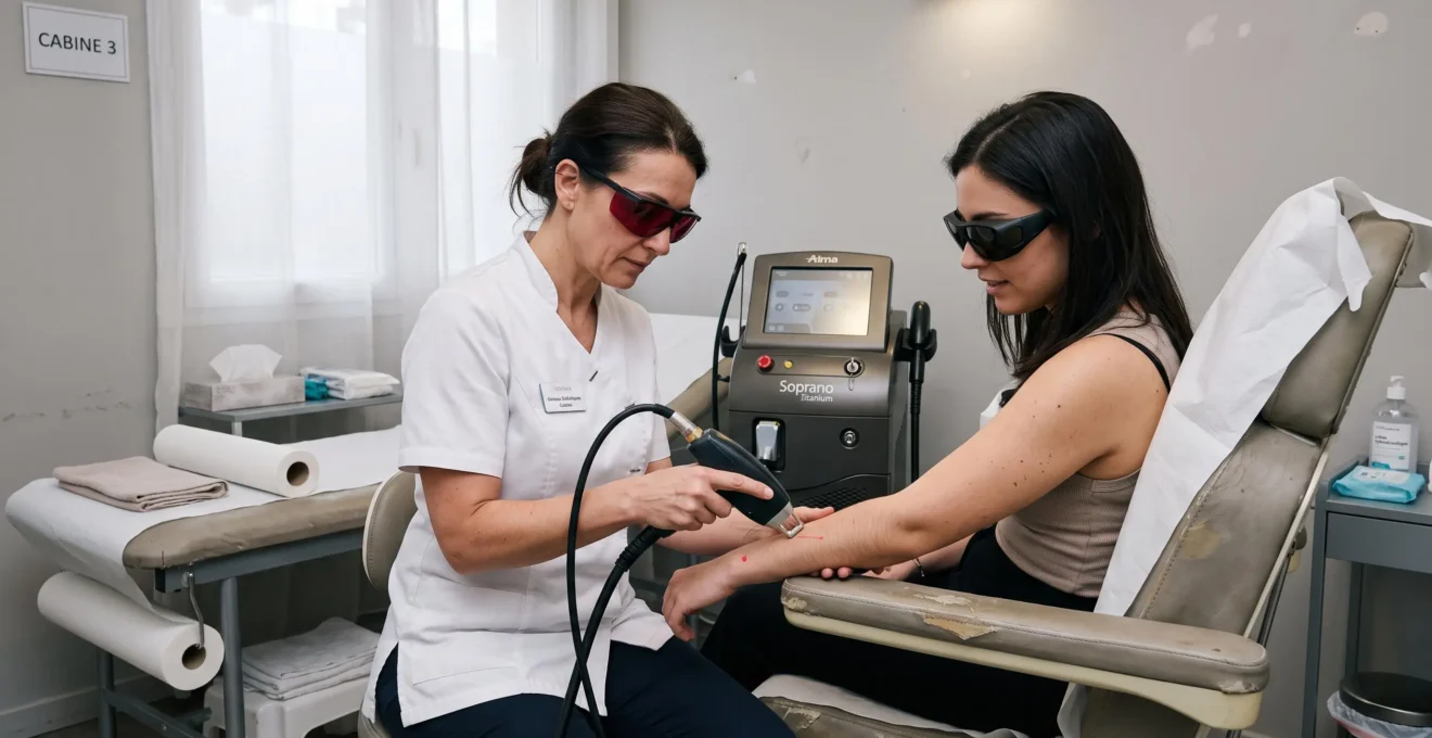 Une praticienne réalise un test de tir laser sur l'avant-bras d'une cliente portant des lunettes de protection dans une cabine de soins.